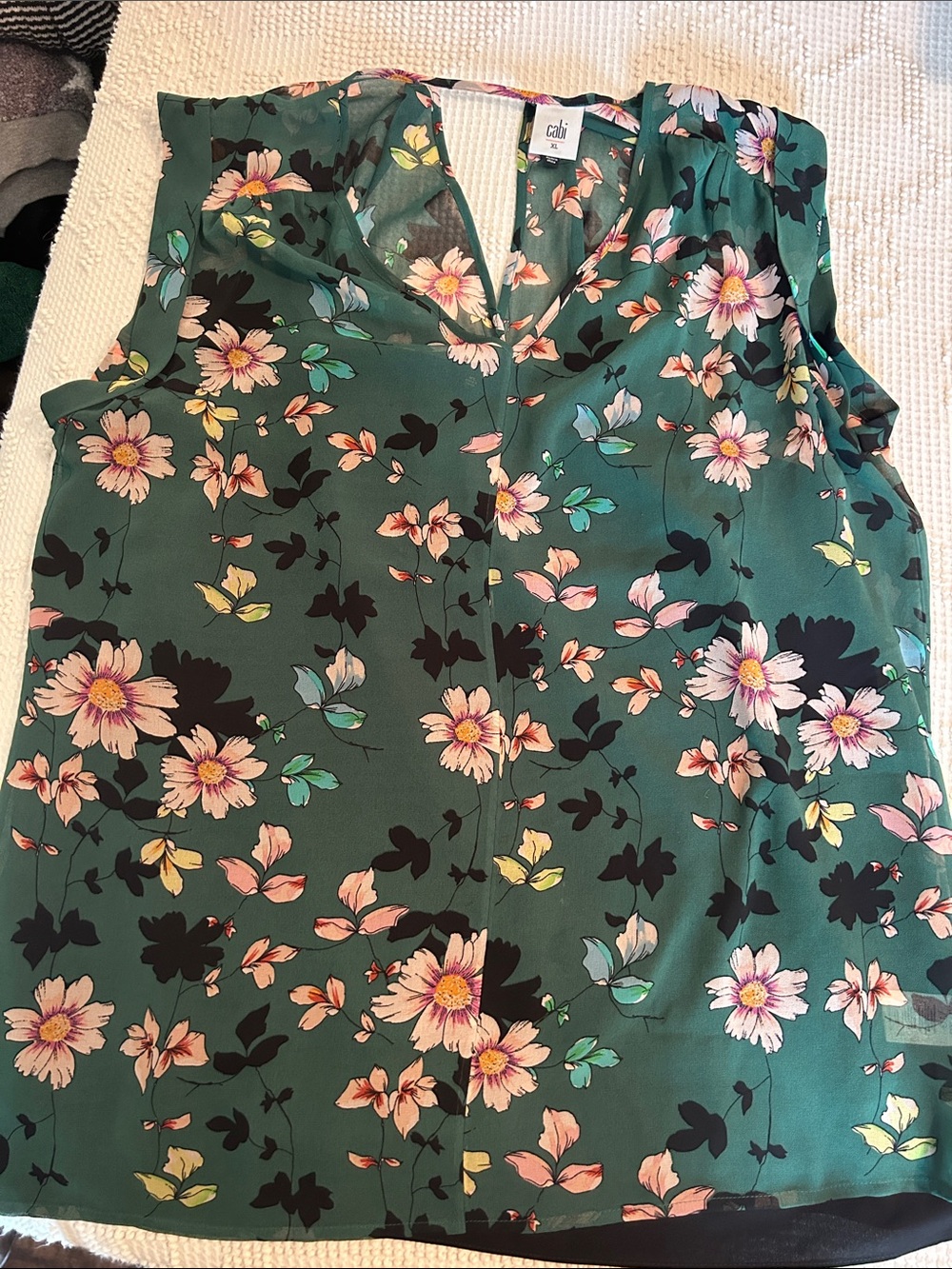 CAbi Emerald Green Floral Sleeveless Top with Pink & Yellow Blooms